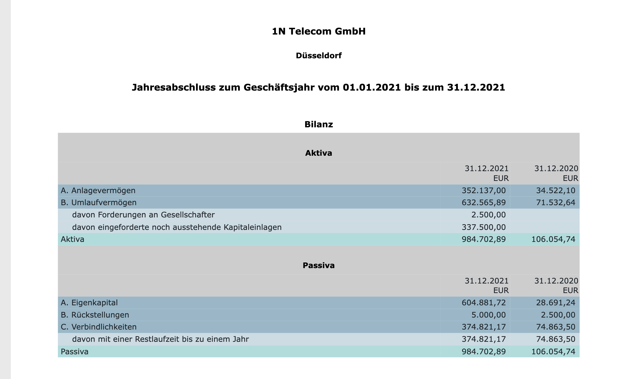 Bilanz 1N Telecom