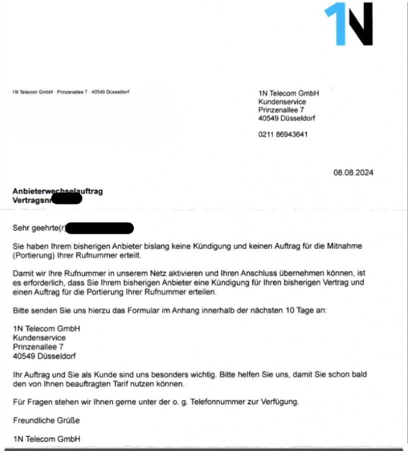 1N Telecom Anbieterwechselauftrag