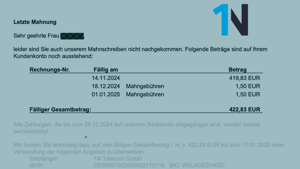 1N Telecom Klage Forderung Urteil