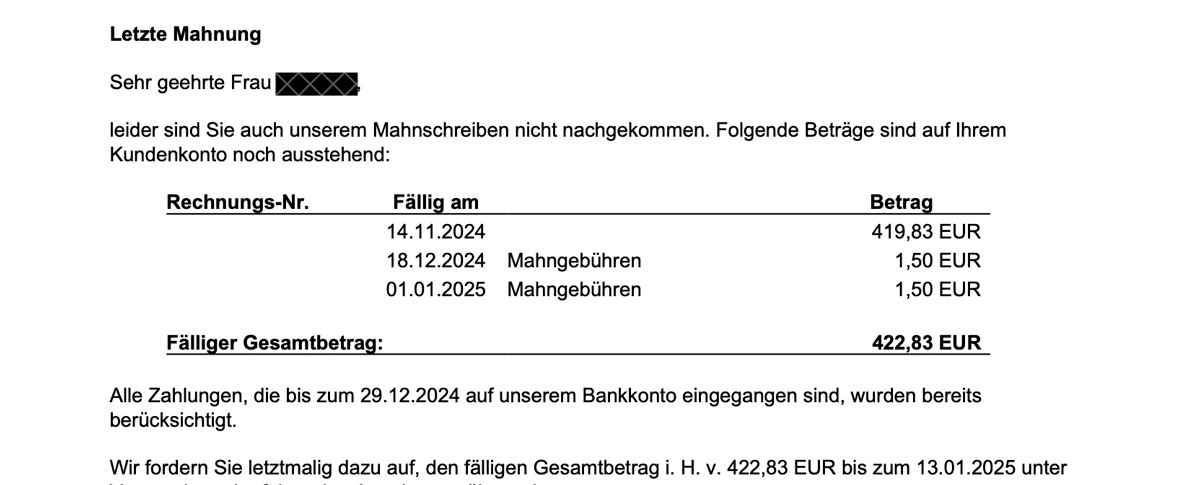 1N Telecom Mahnung